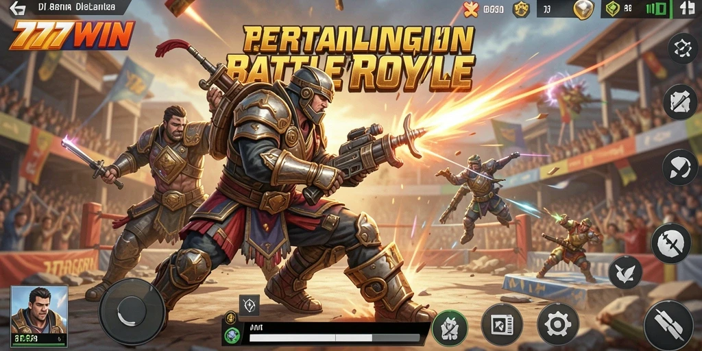 Tangkapan layar <strong>777WIN</strong> menunjukkan aksi intens di arena Battle Royale.