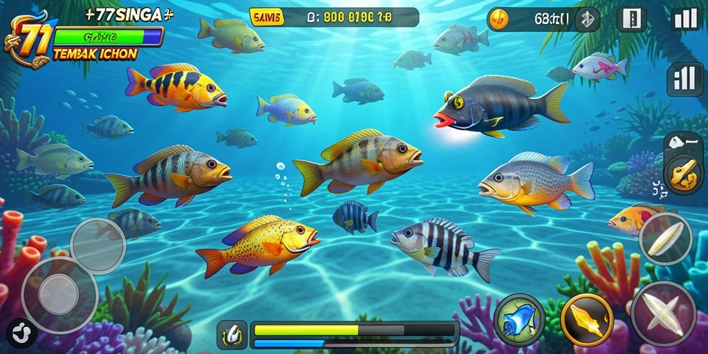 Gameplay seru 77SINGA menangkap ikan yang beragam.