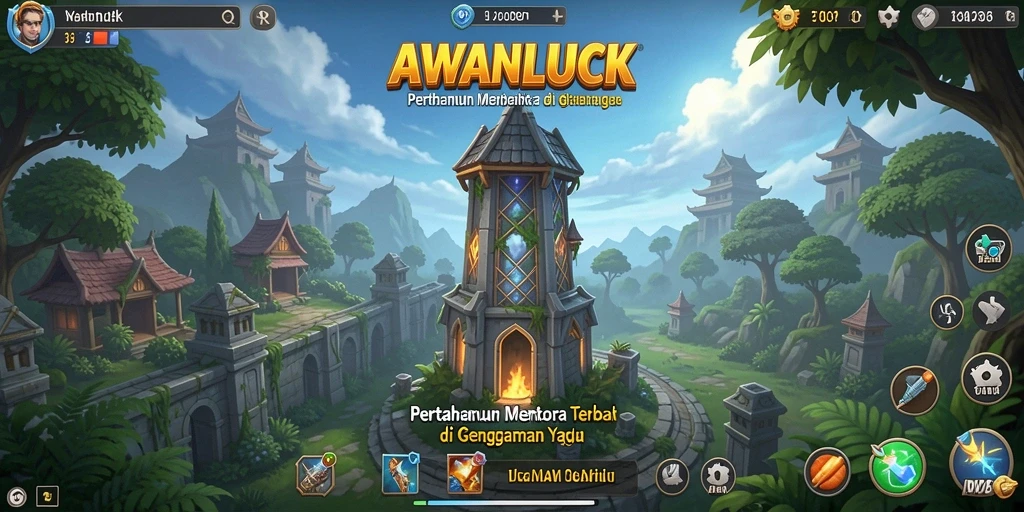 Tampilan gameplay strategis di AWANLUCK dengan menara yang siap berperang.