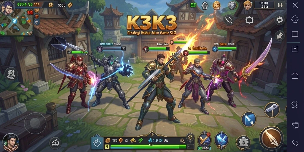 Screenshot utama K3K3 menampilkan pertempuran strategis yang seru.