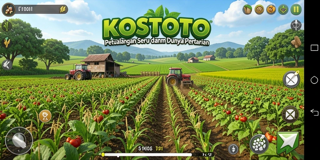 Tampilan gameplay KOSTOTO dengan kebun yang subur dan hewan ternak.