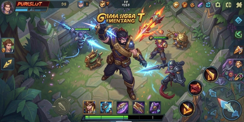 Tampilan gameplay seru PURISLOT dengan karakter MOBA beraksi.