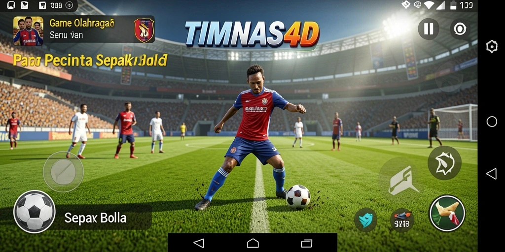 Screenshot utama gameplay TIMNAS4D yang menggambarkan aksi seru pertandingan sepak bola.